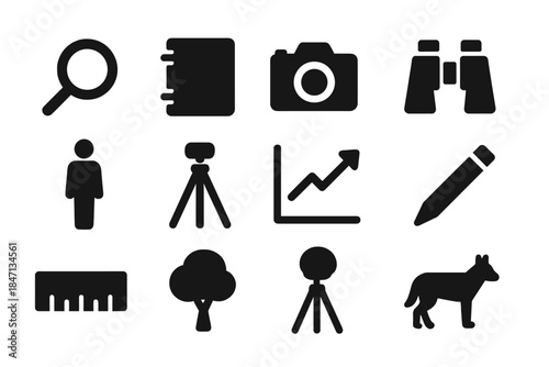 Ethology Research Icons. Solid style icons of observation and research in ethology: magnifying glass, notebook, camera, binoculars