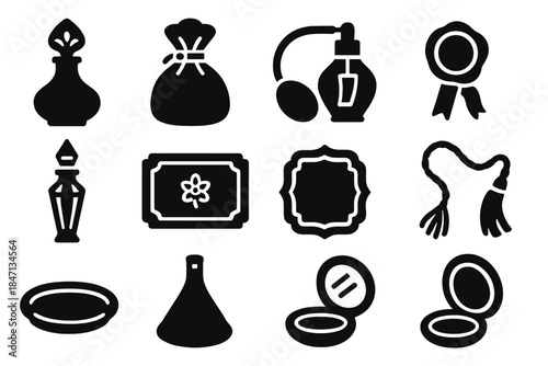 Vintage Perfumery Icons. Solid style icons of Vintage perfumery: ornate glass bottle, carved stopper, velvet pouch, atomizer bulb,