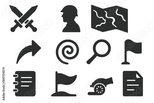 Historical Battle Icons. Solid style icons of historical battle analysis: crossed swords, soldier silhouette, map, arrow, spiral,