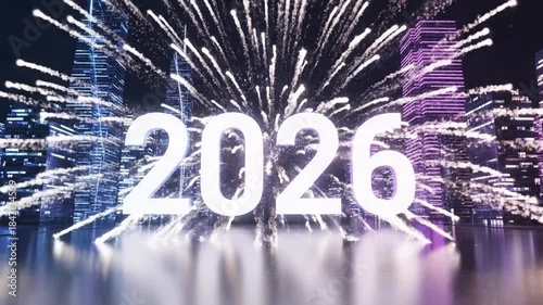 New Year Countdown Celebration with Fireworks Over Futuristic Cityscape 2026
