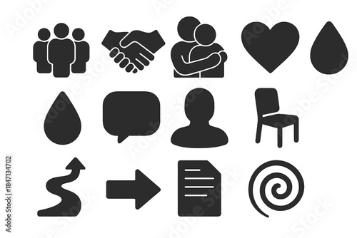 Grief Icons Collection. Solid style icons of social and family dynamics in grief: group of people, handshake, hug, heart, tear
