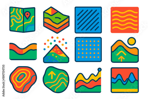 Modern Terrain Icons. Flat vector icons of granular terrain visualization and mapping: topographic map, 3D terrain model, slope