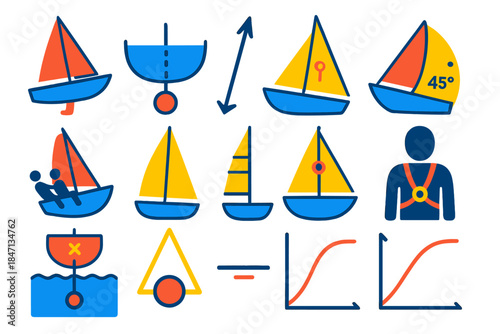 Sailing Stability Icons. Flat vector icons of sailing stability: weighted keel, ballast diagram, righting moment arrow, heel angle