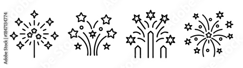 A collection of four black and white line icons representing firework explosions for festive occasions.
