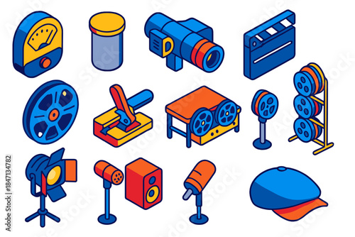 Analog Film Equipment Icons. Isometric vector illustration set Analog Film: analog light meter, aluminum film canister, director’s