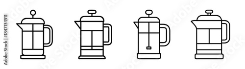Four simple line art icons representing a french press coffee maker for design projects