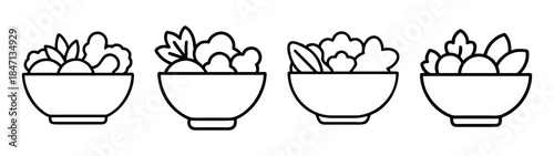 Simple line art icon set featuring four bowls of healthy salad