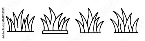 A collection of four black and white line art icons depicting grass tufts in various styles