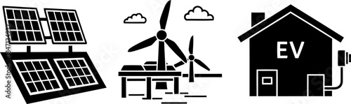Renewable Energy Icons Solar Panels Wind Turbines Electric Vehicle Charging Station vector