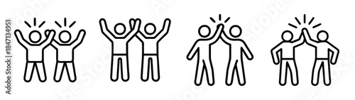 A collection of icons representing teamwork, success, high fives, and joyful celebration between two people.