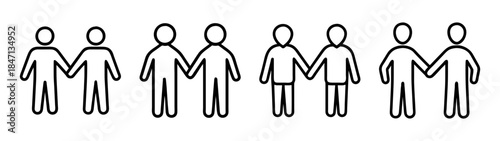 A row of four pairs of people holding hands, simple line art icon set