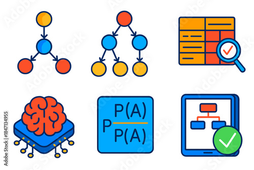 Bayesian Networks Icons. Isometric vector illustration set Bayesian Networks: network nodes with arrows, causal graph, probability