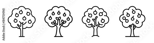 A set of simple line art icons representing fruit trees with ripe fruit hanging from branches