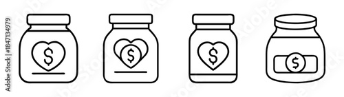 Charity donation and savings jars line art icon set for financial contribution