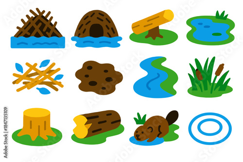 Beaver Habitat Icons. Flat vector icons of Beaver Habitat Engineering: beaver dam, lodge, felled tree, pond, swimming beaver,