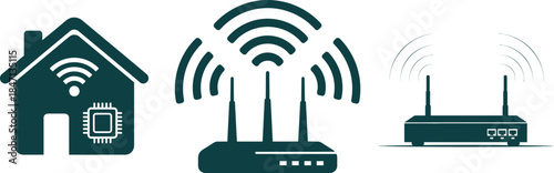 Smart home house icon with Wi- Fi and router symbols Wi-Fi wireless