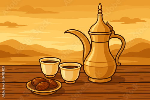 Middle Eastern Coffee Set. Scenic shot of a traditional Middle Eastern coffee set vector illustration placed on a rustic wooden