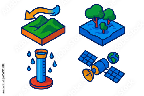 Extreme Weather Monitoring. Isometric vector illustration set Extreme Weather Monitoring: Moisture plume sweeping over terrain,