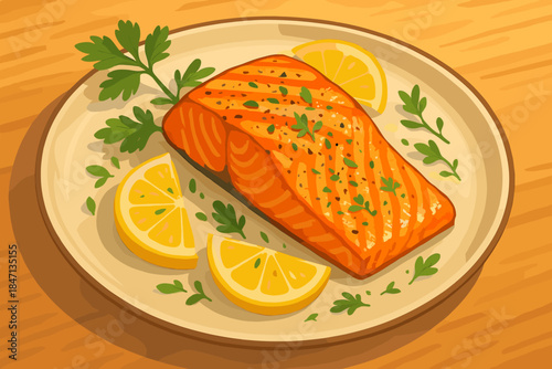 Roasted Salmon Platter. Plated roasted salmon garnished with lemon wedges and fresh herbs, vibrant colors, warm natural vector