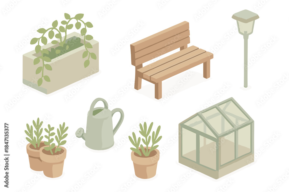 Fototapeta premium Urban Rooftop Garden. Isometric vector illustration set of Urban Rooftop Garden: concrete planters with vines, wooden bench,