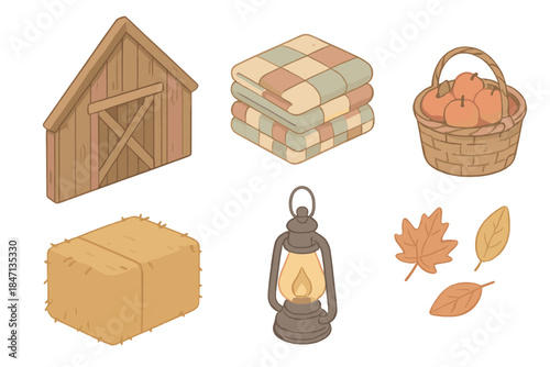 Rustic Autumn Quilt Display. Isometric vector illustration set Barnwood Quilt Harvest: rustic wooden barn wall, folded patchwork