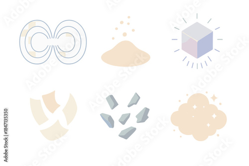 Abstract Poetic Elements. Isometric vector illustration set of Abstract Poetic Objects: magnetic field lines, floating sand