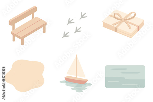 Beachside Serenity Icons. Isometric vector illustration set Beachside Message Corner: wooden bench, seagull footprints, postcard