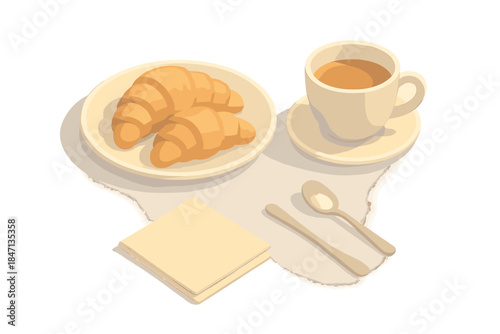 Croissant & Coffee Set. Isometric vector illustration set Croissant & Coffee Moment: plate with pastries, cup and saucer, folded