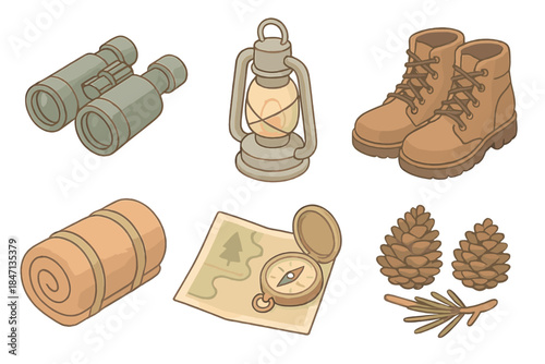Forest Exploration Tools. Isometric vector illustration set of Forest Exploration Tools: binoculars, vintage lantern, leather