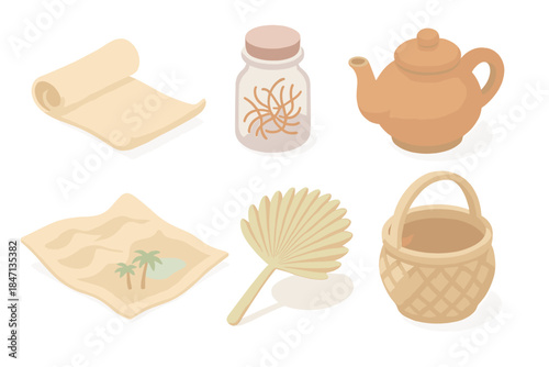 Desert Spice Icons. Isometric vector illustration set of Desert Spice Caravan: rolled parchment scroll, saffron jar with threads,