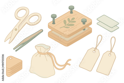 Victorian Herbarium Tools. Isometric vector illustration set Victorian Herbarium Tools: specimen scissors, herb press, tweezers,