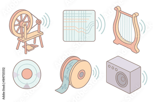 Resonance Loom Icons. Isometric vector illustration set Resonance Loom Workshop: spinning wheel emitting sound, woven sound grid,