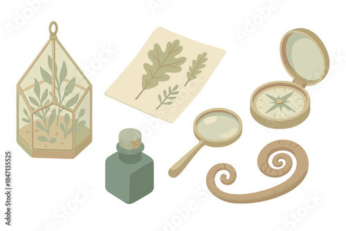 Time-Traveler's Herbarium Icons. Isometric vector illustration set Time-Traveler’s Herbarium: ancient glass terrarium, pressed