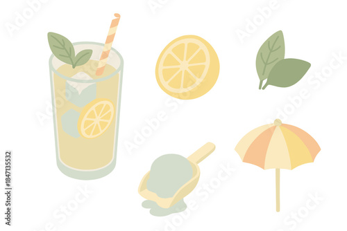 Lemonade Summer Icons. Isometric vector illustration set Lemon Ice Summer: glass of lemonade with ice cubes, sliced lemons, mint