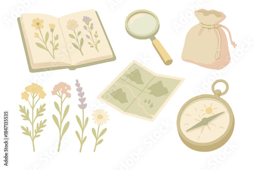 Mountain Botanist Essentials. Isometric vector illustration set Mountain Botanist Kit: pressed flower journal, field magnifier,