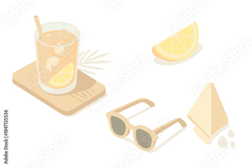 Citrus Breeze Refreshment. Isometric vector illustration set Cool Citrus Breeze: iced drink on wooden tray, palm leaf shadow,