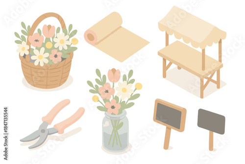 Farmer's Market Flowers. Isometric vector illustration set Farmer’s Market Bouquet: wicker basket of mixed flowers, paper wrapping