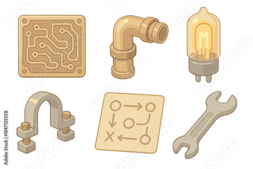 Steamwork Circuit Craft Icons. Isometric vector illustration set Steamwork Circuit Craft: circuit etched in brass, pipe connector