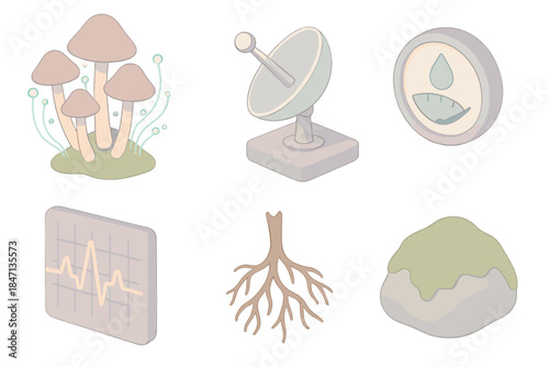 Forest Data Icons. Isometric vector illustration set Forest Data Resonance: mushroom cluster with glowing filaments, satellite
