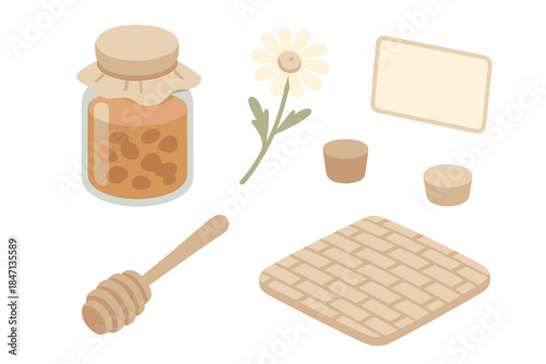 Herbal Propolis Blend Set. Isometric vector illustration set Herbal Propolis Blend: glass jar of infused resin, honey stir stick,