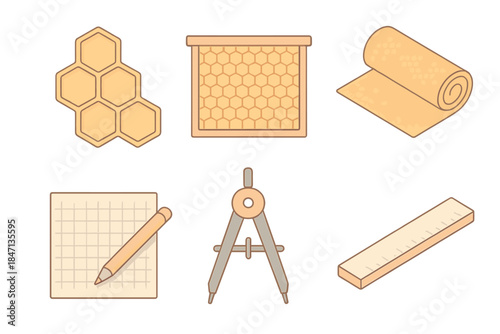 Isometric Honeycomb Geometry. Isometric vector illustration set Wax Comb Geometry: perfect hexagonal honeycomb, wooden hive frame,