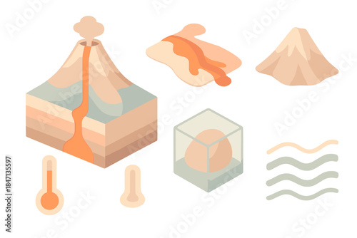 Volcanic Origin Diagram. Isometric vector illustration set Volcanic Origin Chart: geological cross-section, lava flow path,
