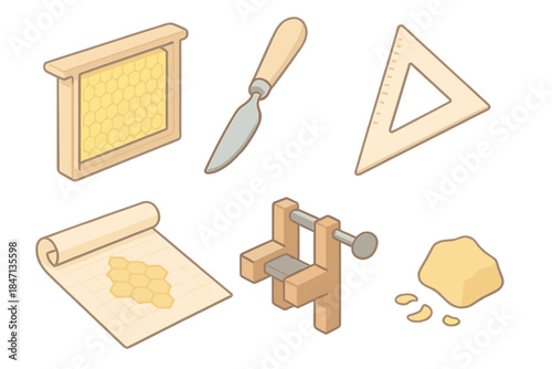 Wax Workshop Icons. Isometric vector illustration set Wax Architecture Workshop: beehive frame layout, wax carving knife, geometry