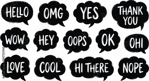 Hand drawn speech bubbles vector set with chat words and slang