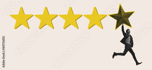 Halftone graphic collage of business person with large star representing quality service and customer review