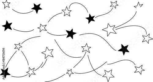 Whimsical handdrawn black and white stars connected by lines creating an abstract network pattern ideal for graphic design projects