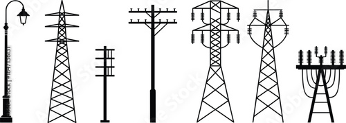 Collection of Electrical Transmission Towers and Street Lights Silhouettes on White electricity power