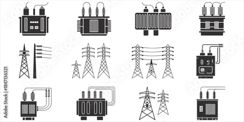 Electrical power transmission and distribution equipment icons Keywords: electricity, power, transformer, substation, transmission