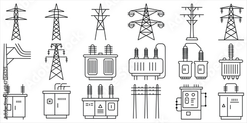 Electrical Power Transmission Towers and Transformers Line Art Icons Keywords: electricity, power, transmission, tower, pylon