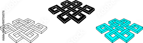 Three impossible endless knot illusions in line, black, and cyan styles. 3D weaving paradox